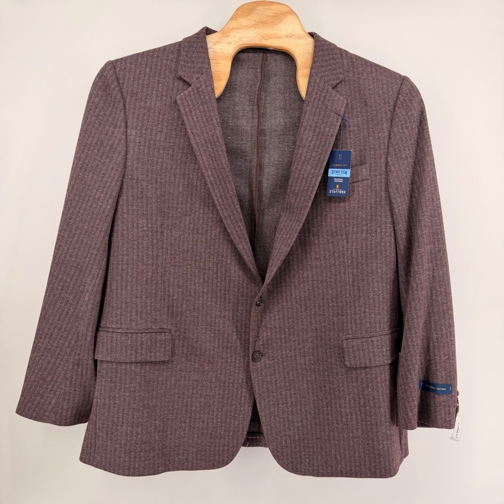 Stafford Sport Coat Mens 50R Burgundy Herringbone Classic Fit Stretch Blazer